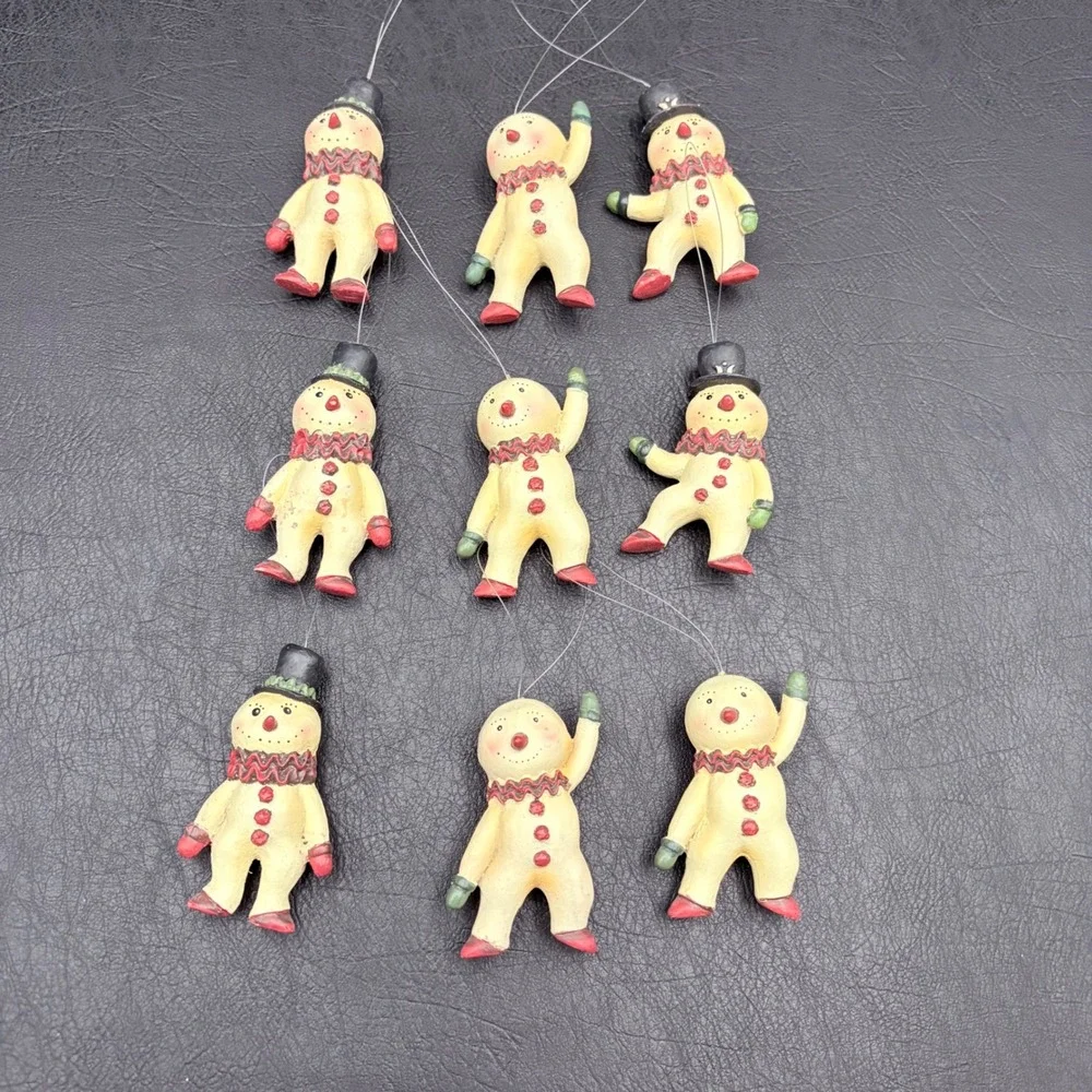 9pc Vintage Style Resin Snowman Gingerbread Christmas Ornaments Folk Art Set